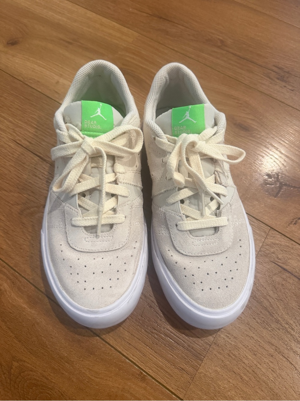 Jordan Cream Suede Low-Top Sneakers with Green Tongue Tab